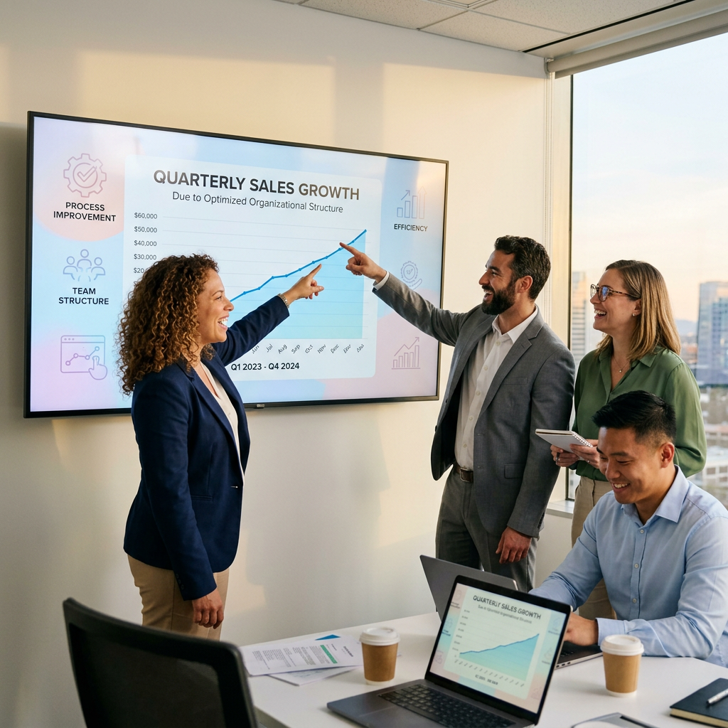 Four coworkers discussing a quarterly sales growth chart showing increasing revenue